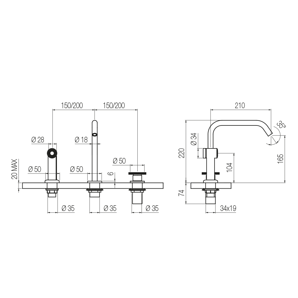  Vòi bếp rửa chén bát 3 lỗ bằng đồng Tibò - KTIB3E 