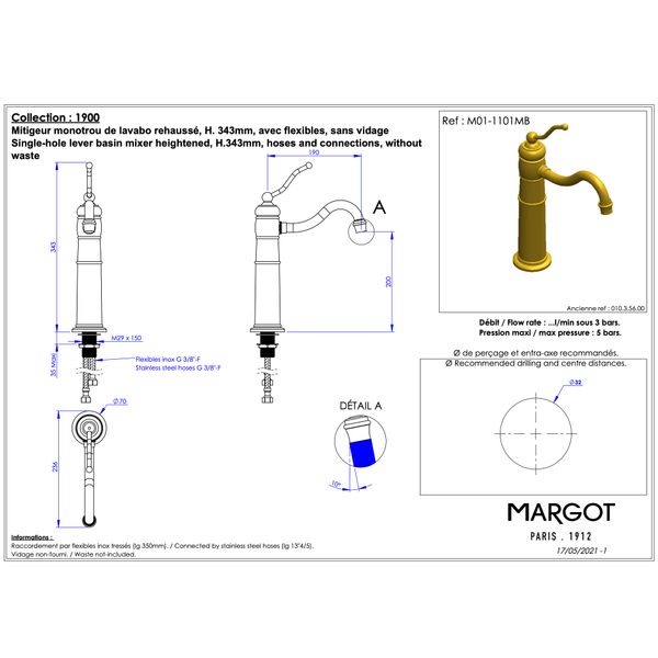  Vòi chậu lavabo cao 300mm bằng đồng Série 1900 - M01-1101MB 