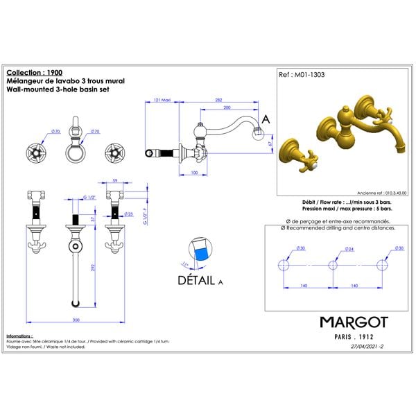  Vòi chậu gắn tường 3 lỗ bằng đồng Série 1900 - M01-1303 