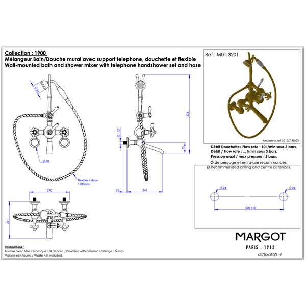  Vòi bồn tắm có sen cầm tay gắn tường điều chỉnh nhiệt độ bằng đồng Série 1900 - M01-3201T 