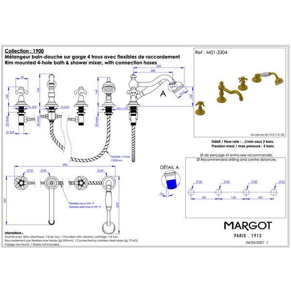  Vòi bồn tắm 200mm có vòi sen cầm tay 4 lỗ bằng đồng Série 1900 - M01-3304 