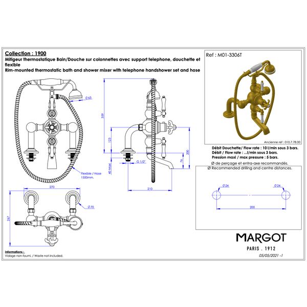  Vòi bồn tắm và sen cầm tay điều chỉnh nhiệt độ bằng đồng Série 1900 - M01-3306T 