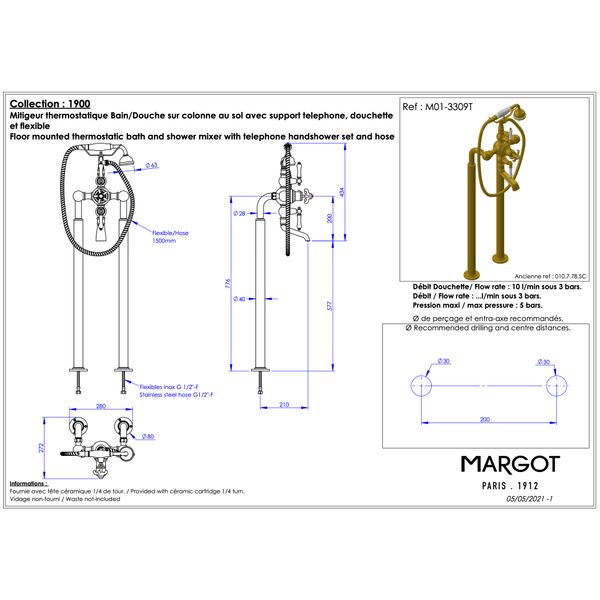  Vòi bồn tắm và sen cầm tay gắn sàn điều chỉnh nhiệt độ bằng đồng Série 1900 - M01-3309T 