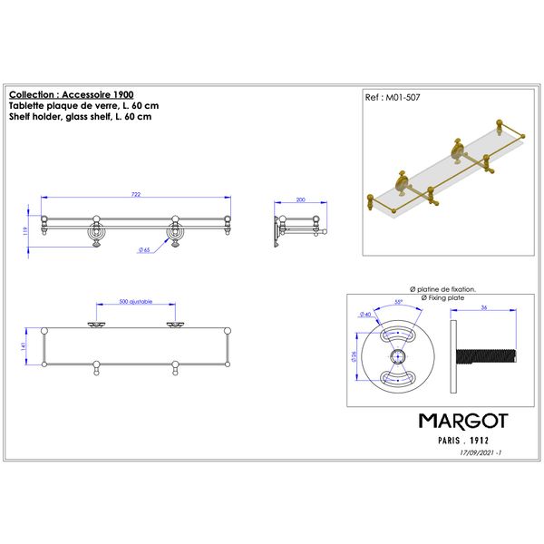  Kệ kính treo tường phòng tắm dài 722mm bằng đồng Série 1900 - M01-507 