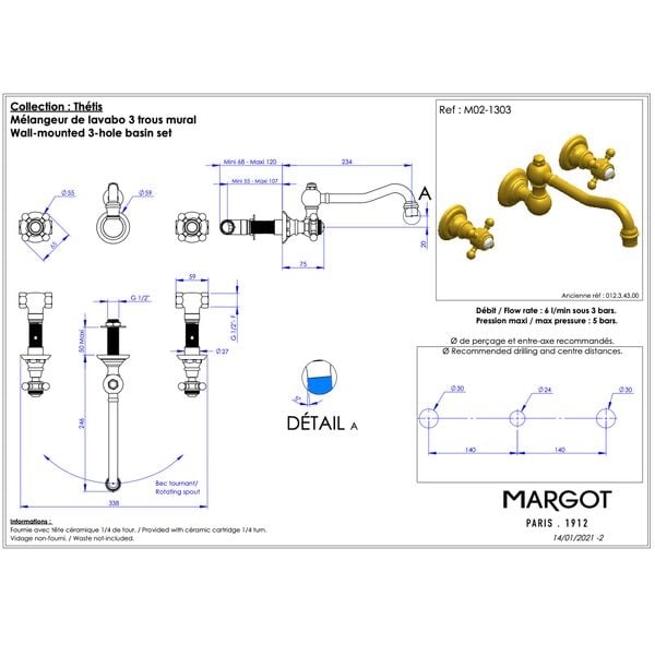  Vòi chậu gắn tường 3 lỗ bằng đồng Thétis Cross Handles - M02-1303 