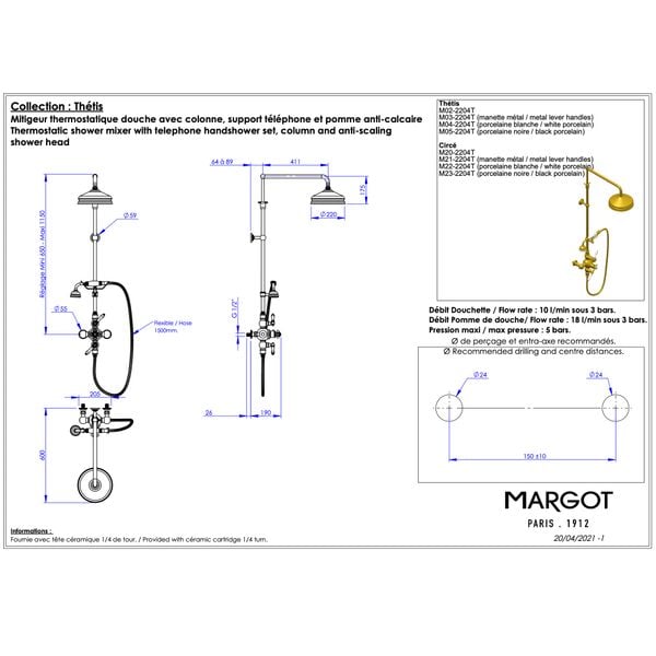  Sen cây có vòi sen cầm tay điều chỉnh nhiệt độ bằng đồng Thétis Cross Handles - M02-2204T 