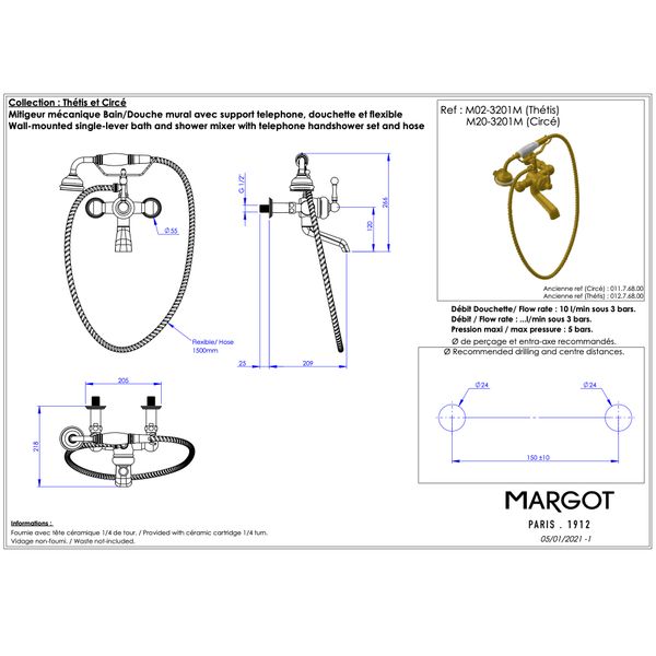  Vòi bồn tắm có vòi sen cầm tay gắn tường bằng đồng Thétis Cross Handles - M02-3201M 