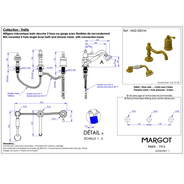  Vòi bồn tắm 200mm có vòi sen cầm tay 3 lỗ bằng đồng Thétis Cross Handles - M02-3301M 