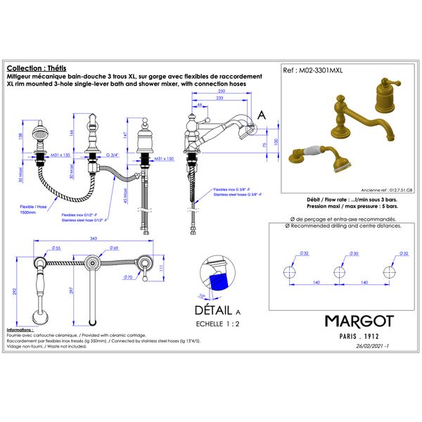  Vòi bồn tắm 250mm có vòi sen cầm tay 3 lỗ bằng đồng Thétis Cross Handles - M02-3301MXL 