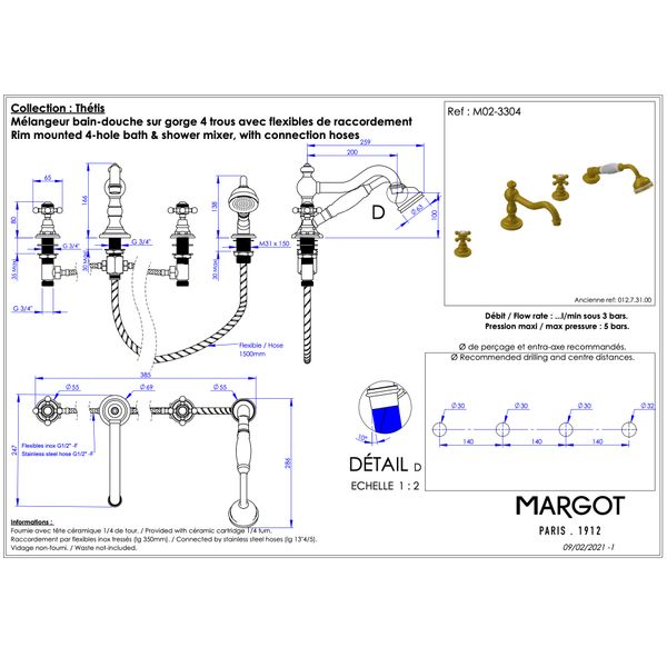  Vòi bồn tắm 200mm có vòi sen cầm tay 4 lỗ bằng đồng Thétis Cross Handles - M02-3304 