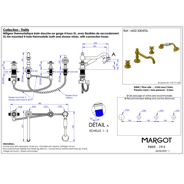  Vòi bồn tắm 250mm có vòi sen cầm tay 4 lỗ điều chỉnh nhiệt độ bằng đồng Thétis Cross Handles - M02-3304TXL 