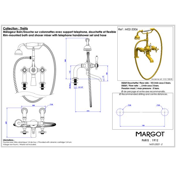 Vòi bồn tắm và sen cầm tay bằng đồng Thétis Cross Handles - M02-3306 