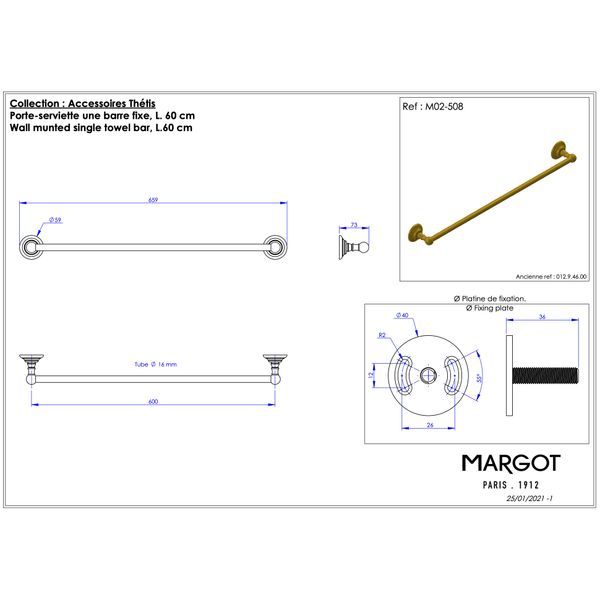  Thanh treo khăn tắm dài 60cm bằng đồng Thétis Cross Handles - M02-508 