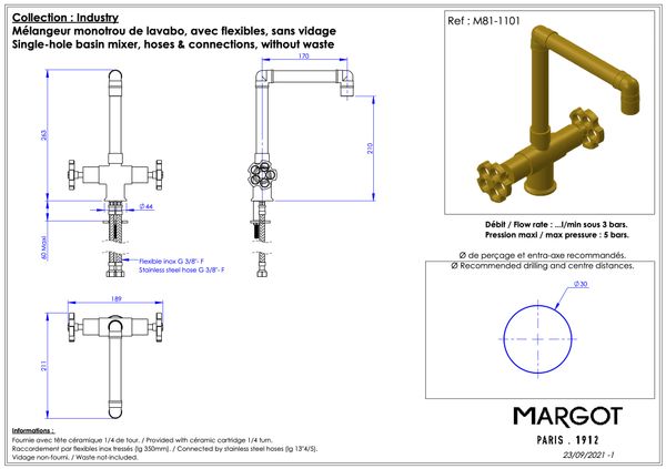  Vòi chậu rửa mặt bằng đồng Industry - 1101 