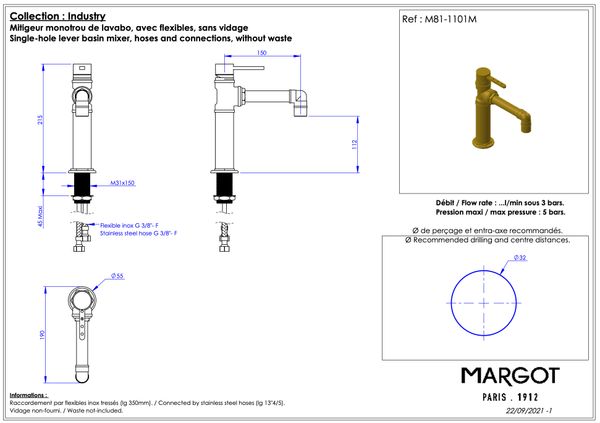 Vòi chậu rửa mặt bằng đồng 215mm Industry - 1101M 