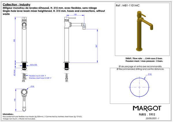  Vòi chậu rửa mặt bằng đồng 390mm Industry - 1101MC 