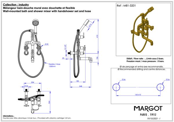  Vòi bồn tắm hai lỗ gắn tường bằng đồng Industry - 3201 