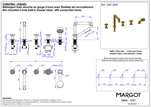  Vòi bồn tắm năm lỗ bằng đồng Industry - 3305 
