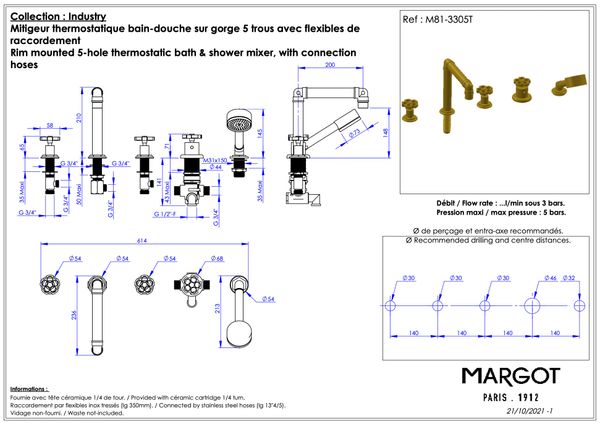 Vòi bồn tắm năm lỗ điều chỉnh nhiệt độ bằng đồng Industry - 3305T 