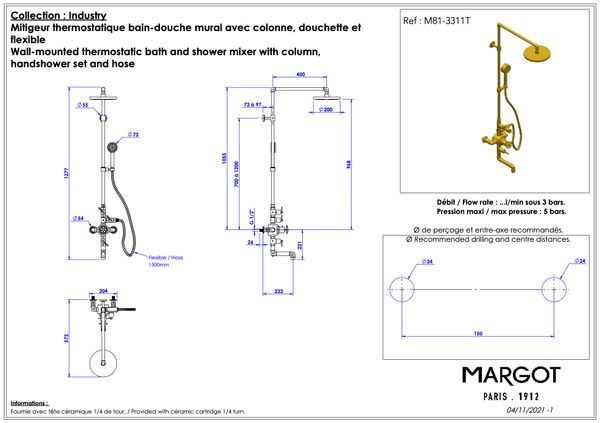  Vòi sen gắn tường điều chỉnh nhiệt độ bằng đồng Industry - 3311T 