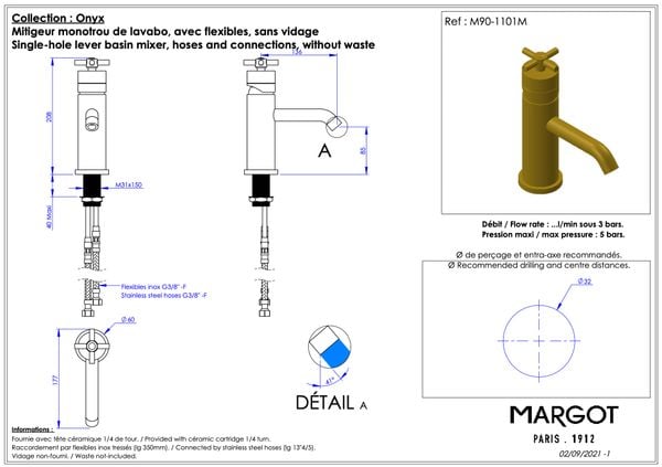  Vòi chậu rửa mặt bằng đồng 208mm M90 Onyx - 1101M 