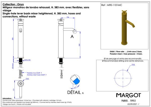 Vòi chậu rửa mặt bằng đồng 383mm M90 Onyx - 1101MC 