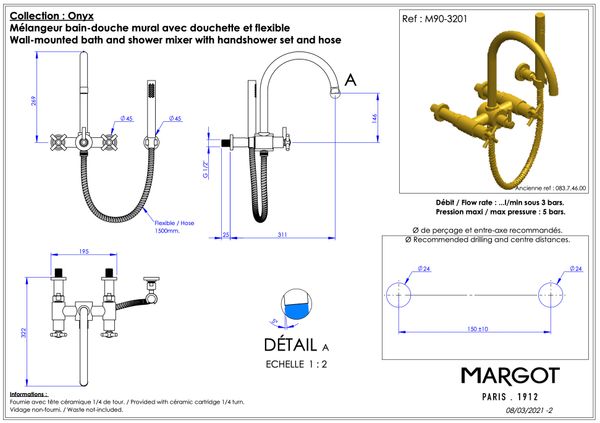  Vòi bồn tắm gắn tường bằng đồng M90 Onyx - 3201 