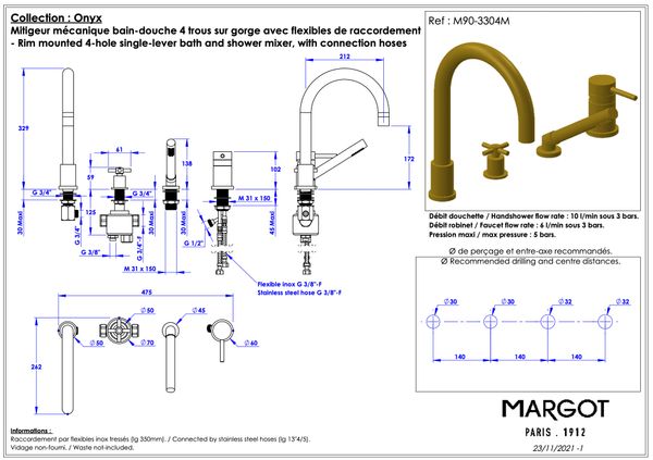  Vòi bồn tắm bốn lỗ bằng đồng M90 Onyx - 3304M 