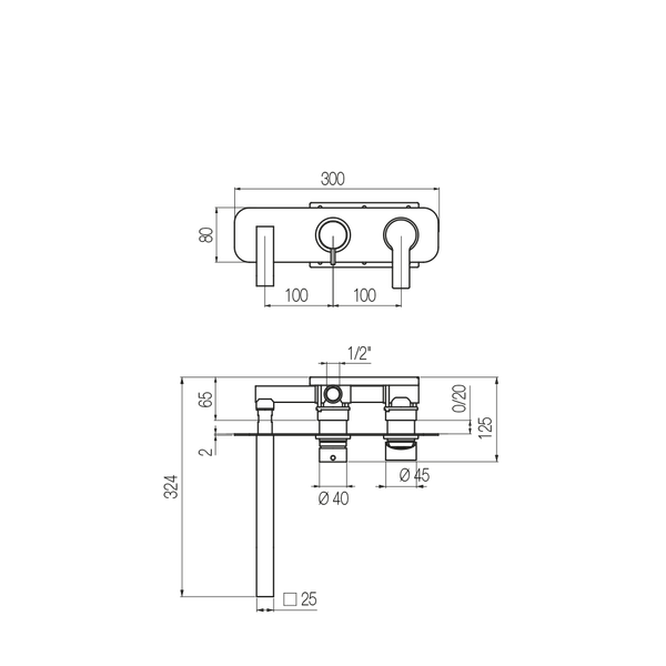  Vòi bồn tắm gắn tường 3 lỗ 2 đầu ra dài 250mm bằng đồng Macò - MAC82 