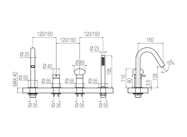  Vòi bồn tắm 4 lỗ gắn thành có vòi sen cầm tay bằng stainless steel Mirò - MIR16 