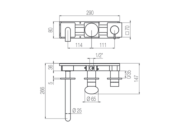  Vòi bồn tắm gắn tường dài 190mm 3 lỗ 2 đầu ra bằng stainless steel Mirò - MIR82 