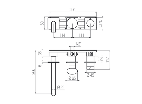 Vòi bồn tắm điều chỉnh nhiệt độ gắn tường dài 190mm 3 lỗ 2 đầu ra bằng stainless steel Mirò - MIR84 