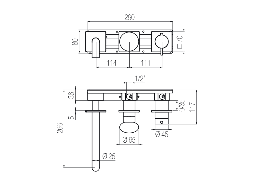  Vòi bồn tắm điều chỉnh nhiệt độ gắn tường dài 190mm 3 lỗ 2 đầu ra bằng stainless steel Mirò - MIR84 