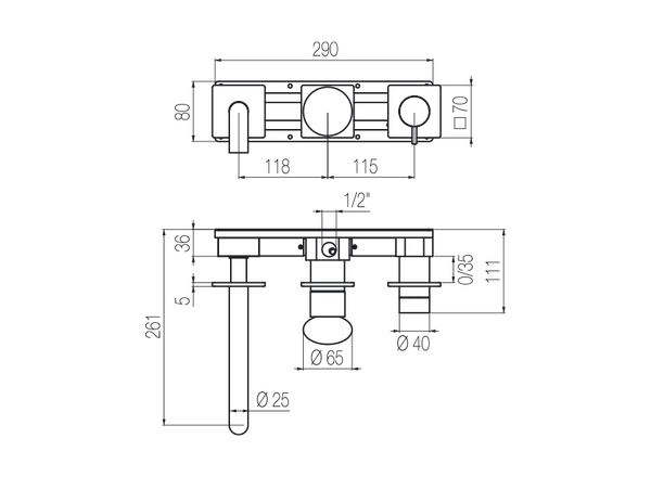  Vòi bồn tắm gắn tường dài 190mm 3 lỗ 3 đầu ra bằng stainless steel Mirò - MIR88 