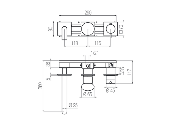  Vòi bồn tắm điều chỉnh nhiệt độ gắn tường dài 190mm 3 lỗ 3 đầu ra bằng stainless steel Mirò - MIR90 