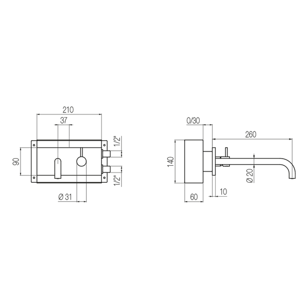 Vòi chậu lavabo gắn tường dài 260mm bằng đồng Minimè - MME10 
