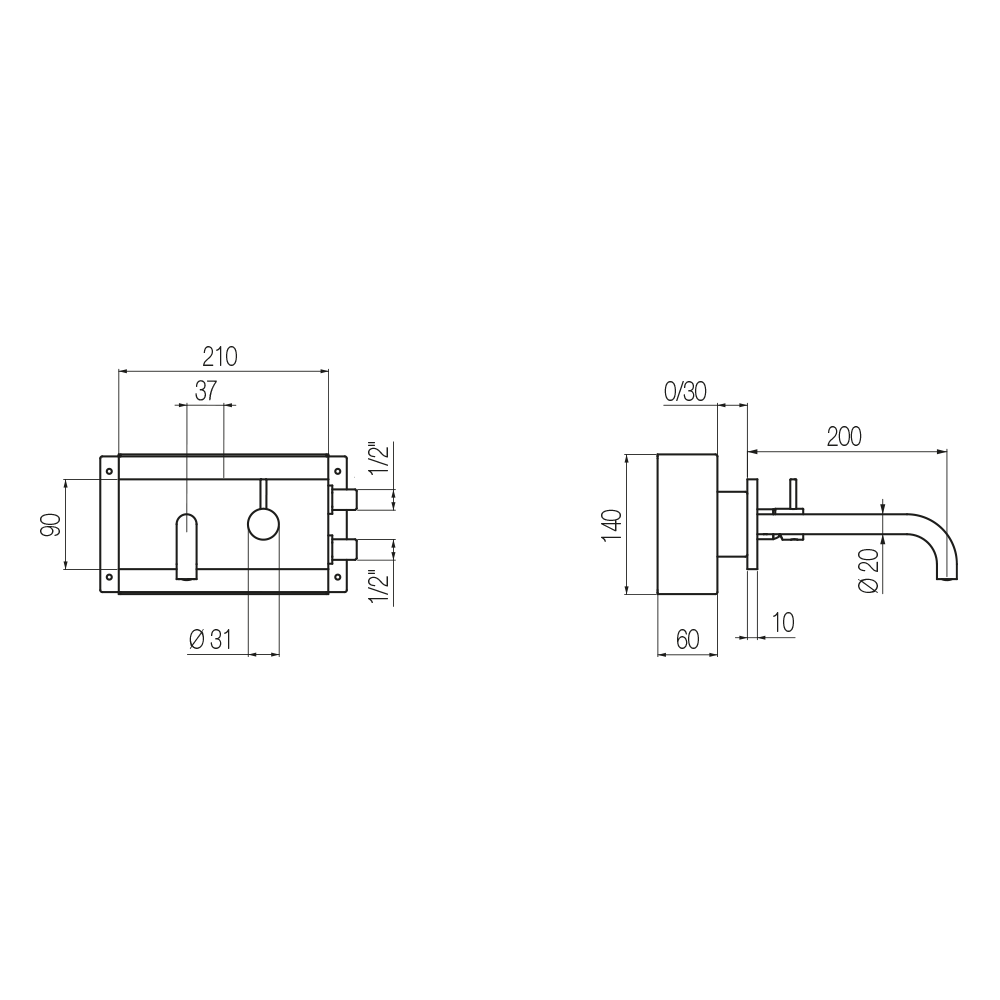  Vòi chậu lavabo gắn tường dài 200mm bằng đồng Minimè - MME11 