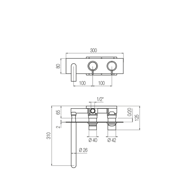  Vòi bồn tắm gắn tường 3 lỗ 2 đầu ra dài 240mm bằng đồng Minimè - MME82 