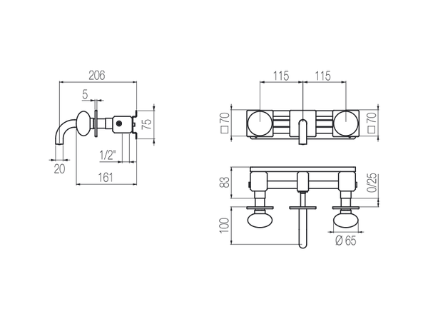  Vòi chậu lavabo gắn tường 3 lỗ dài 100mm bằng stainless steel Mirò - MRN27 