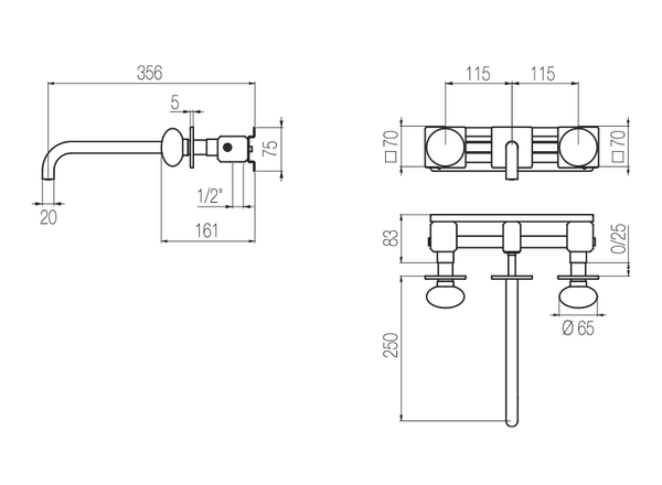  Vòi chậu lavabo gắn tường 3 lỗ dài 250mm bằng stainless steel Mirò - MRN29 