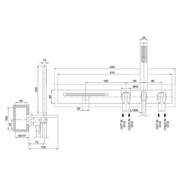  Vòi bồn tắm bốn lỗ gắn tường bằng đồng Orizzonti - OZT2543BSXBOX 