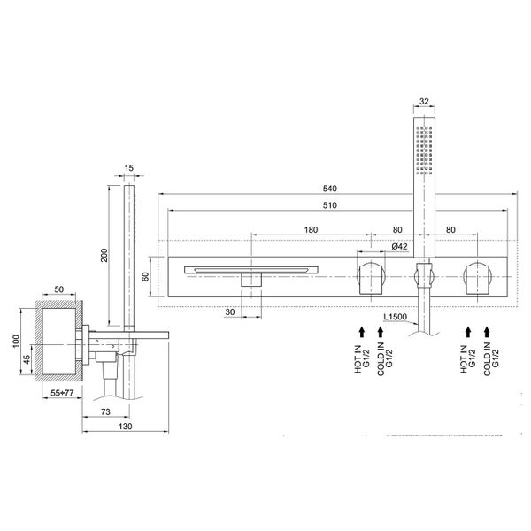  Vòi bồn tắm bốn lỗ gắn tường bằng đồng Orizzonti - OZT2543BSXBOY 