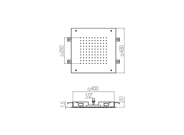  Bát sen âm trần hình vuông 430x430 mm 01 chức năng phong cách spa Radomonte Wellness stainless steel - PIA1 