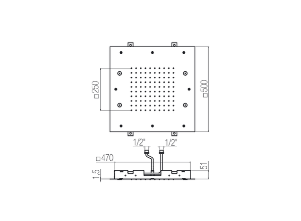  Bát sen âm trần hình vuông 500x500 mm 02 chức năng phong cách spa Radomonte Wellness stainless steel - PIA14 