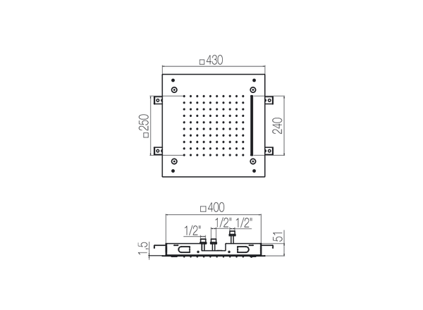  Bát sen âm trần hình vuông 430x430 mm 03 chức năng phong cách spa Radomonte Wellness stainless steel - PIA4 