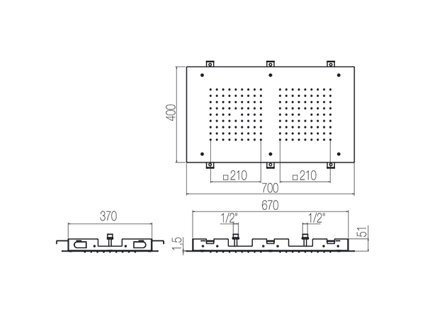  Bát sen âm trần chữ nhật 700x400 mm 01 chức năng phong cách spa Radomonte Wellness stainless steel - PIA5 