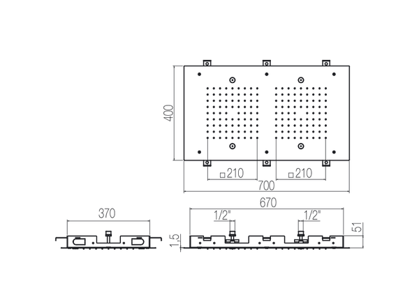  Bát sen âm trần chữ nhật 700x400 mm 02 chức năng phong cách spa Radomonte Wellness stainless steel - PIA6 