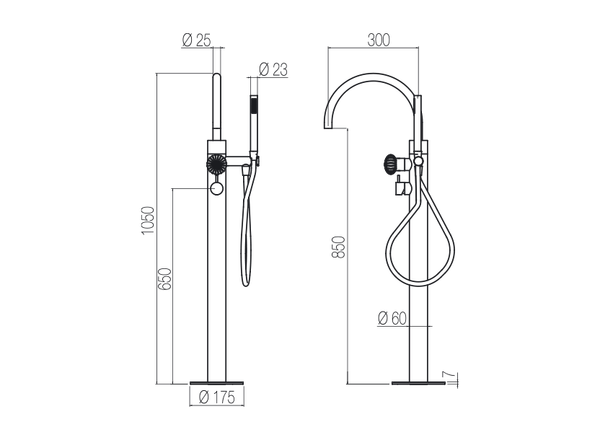  Vòi bồn tắm gắn sàn thân ø60mm có vòi sen cầm tay bằng stainless steel Dorin - PVD99 