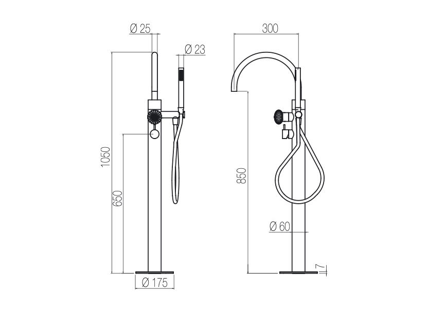  Vòi bồn tắm gắn sàn thân ø60mm có vòi sen cầm tay bằng stainless steel Dorin - PVD99 