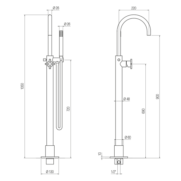  Vòi bồn tắm gắn sàn có vòi sen cầm tay bằng đồng Hugò - PVH 